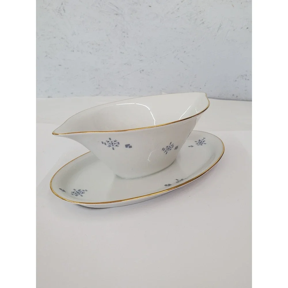 Johann Seltmann Vohenstrauss Bavaria Gravy Boat Attached Plate Blue Gold Trim